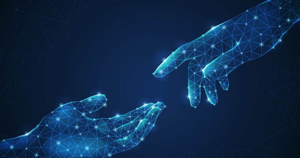 Illustration numérique de deux mains en fil de fer lumineux se tendant l'une vers l'autre sur un fond sombre.