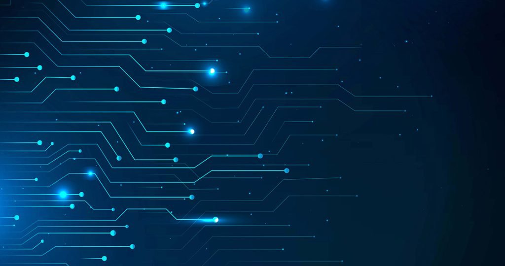 Fond abstrait avec des lignes et points lumineux bleus représentant des circuits électroniques et la connectivité numérique.