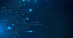 Fond abstrait avec des lignes et points lumineux bleus représentant des circuits électroniques et la connectivité numérique.