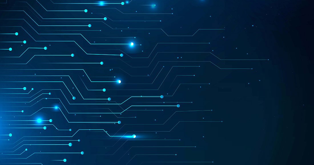 Fond abstrait avec des lignes et points lumineux bleus représentant des circuits électroniques et la connectivité numérique.