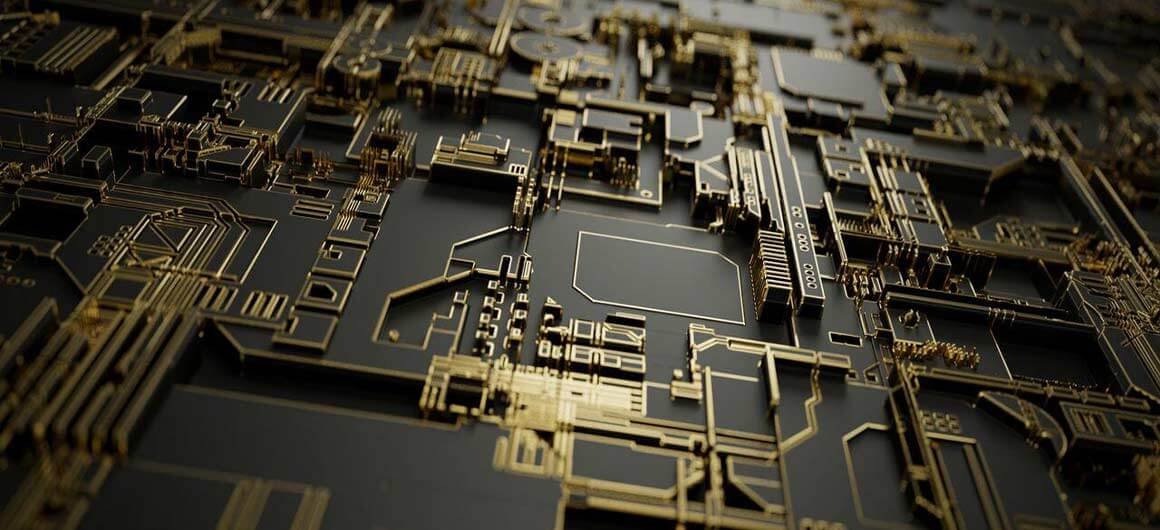 Circuit imprimé noir et or avec des détails complexes de composants électroniques.