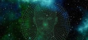 Illustration d'un visage virtuel en fil de fer dans l'espace, avec des motifs géométriques entourés d'étoiles et de nébuleuses.