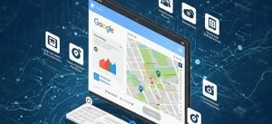Illustration affichant un écran d'ordinateur avec une carte numérique, symbolisant les services de géolocalisation et de recherche en ligne avec des icônes flottantes liées à la technologie.
