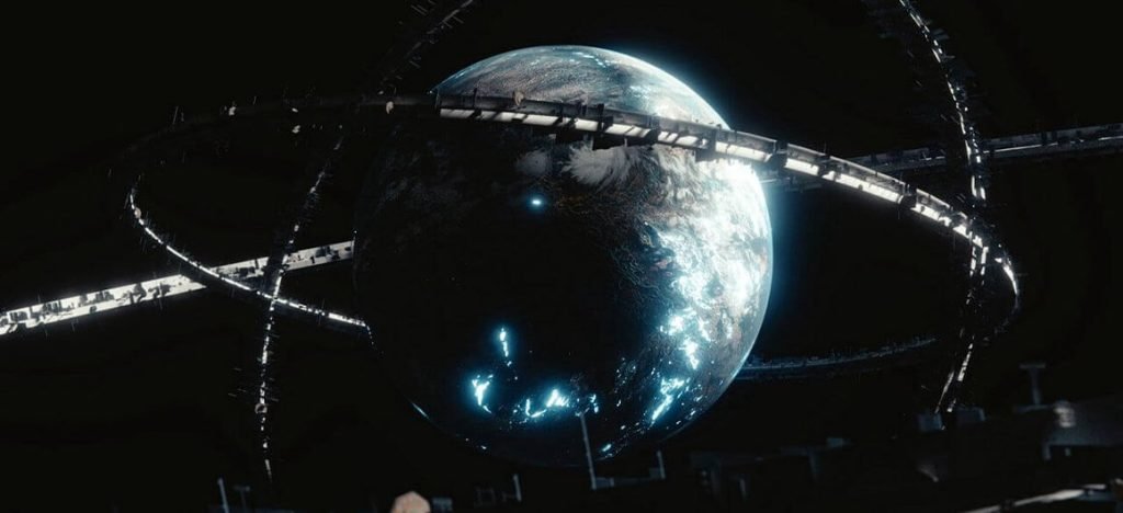 Planète Terre entourée d’anneaux futuristes symbolisant le contrôle de l’intelligence artificielle sur le monde numérique